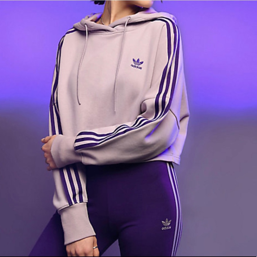 NWT adidas 3 stripe light purple crop hoodie